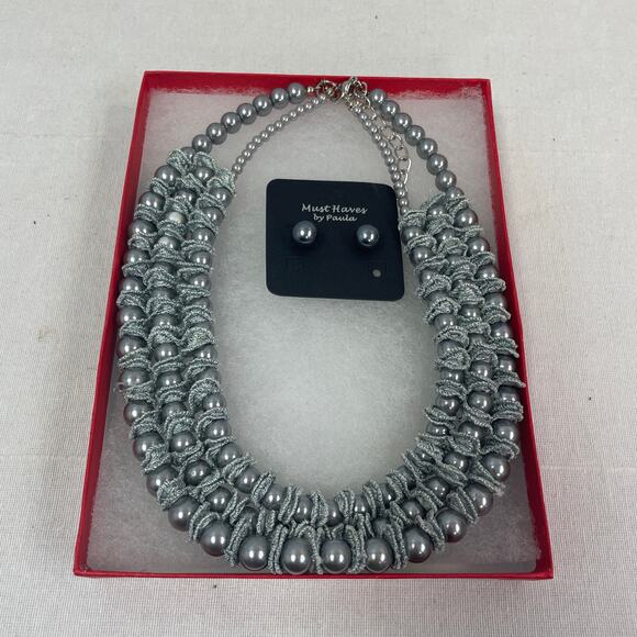 New 2pc Silver Pearl Lace Necklace Earring Jewelry Set In Red Gift Box - Picture 1 of 3